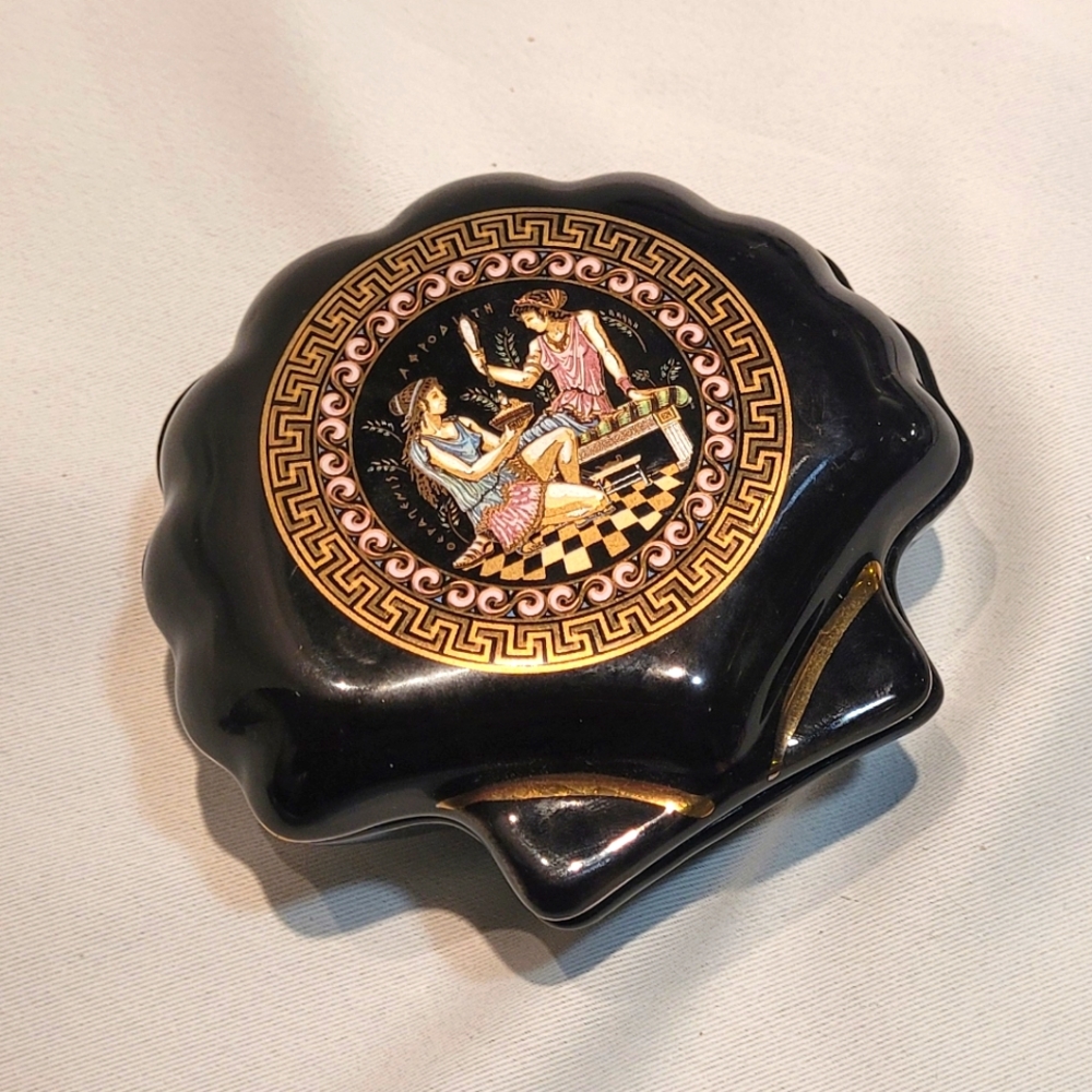 Vintage ADIS Black Porcelain GREEK GODDESS 24k Gold Accent jewelry trinket dish